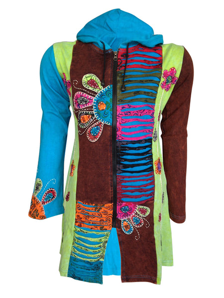 Long Bohemian Style Nepal Cotton Jacket with patches and flowers, XL …